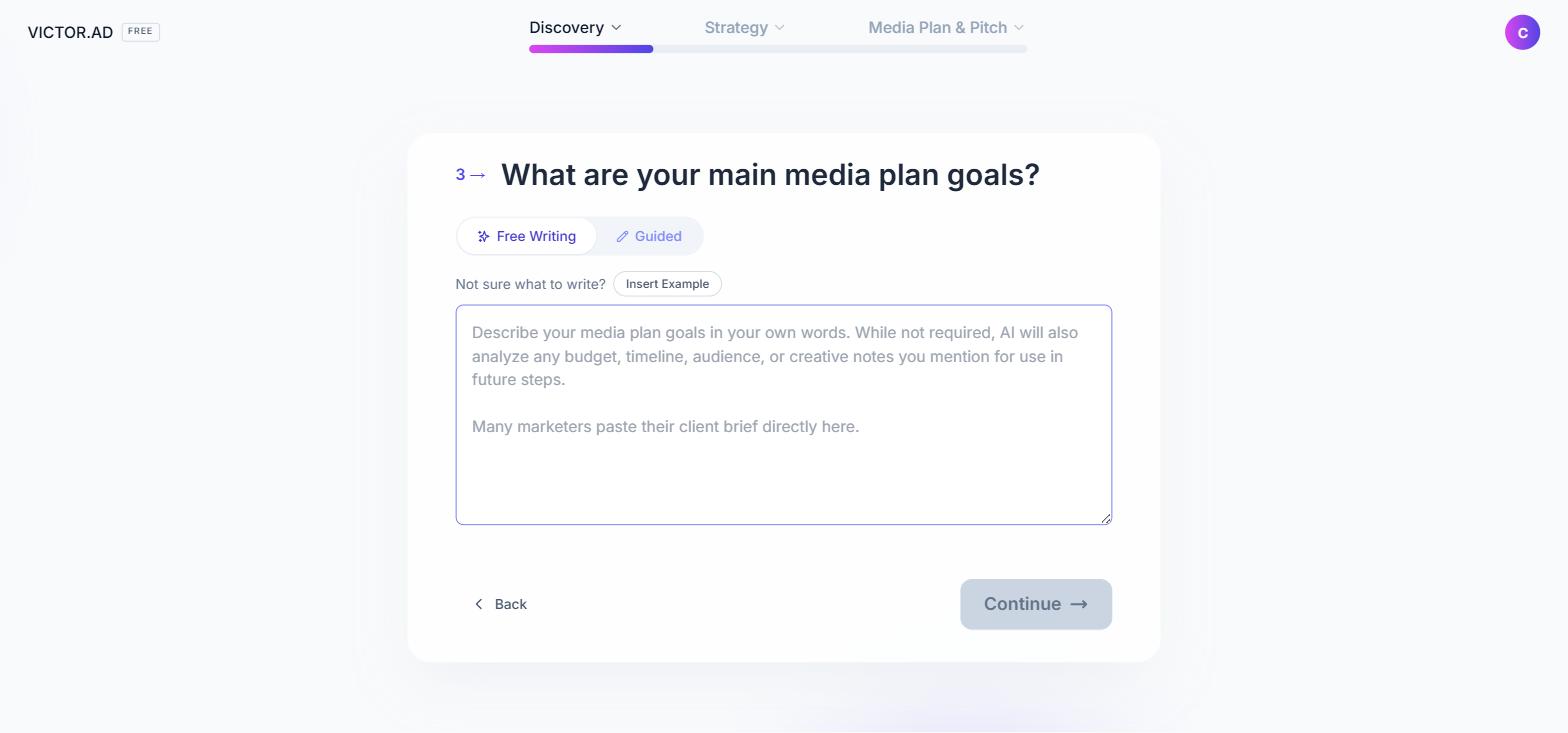 The objectives step, with Free Writing and Guided modes