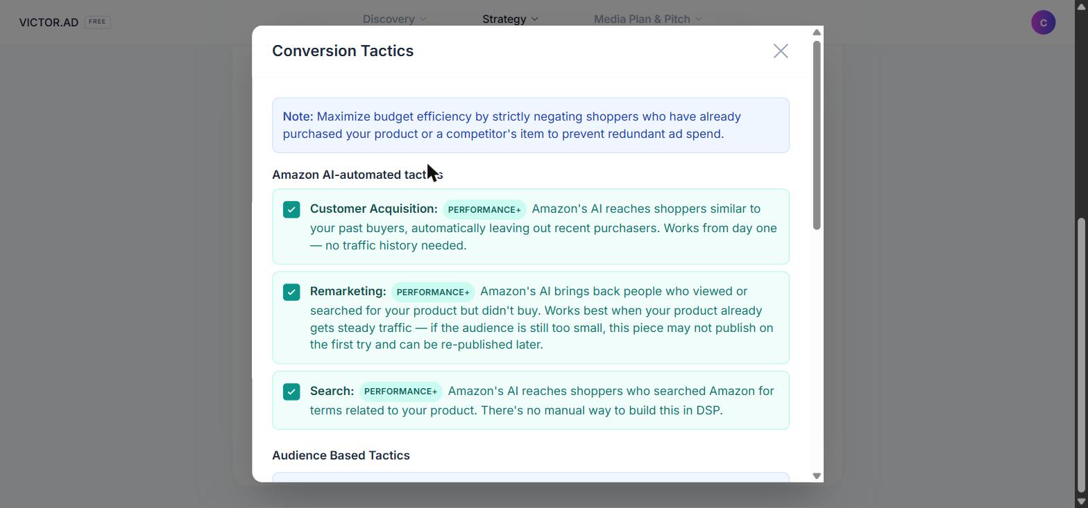The Tactic modal with Performance plus at the top