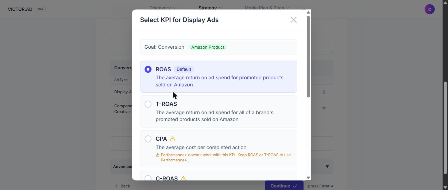 The KPI modal showing the default marker and a Performance plus warning
