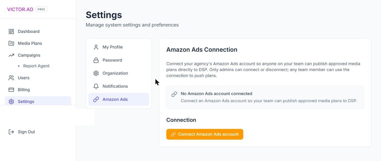 The Amazon Ads tab in Workspace Settings, with the Connect Amazon Ads account button