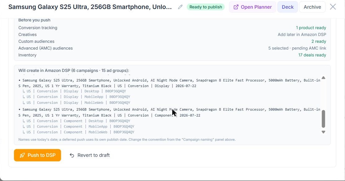 The before you push recap listing every campaign and ad group that will be created