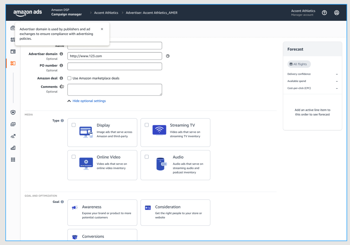 The advertiser domain field on the Amazon DSP campaign setup screen