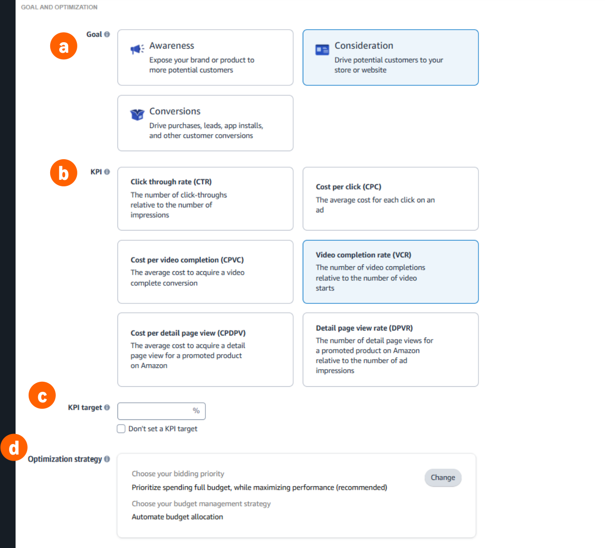 The goal, KPI and optimisation options on an Amazon DSP campaign, with bid strategy and automatic budget allocation settings