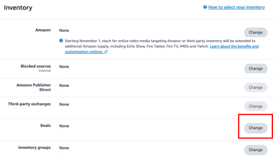 The inventory section of an Amazon DSP ad group with every source set to None, and the Change button next to Deals highlighted