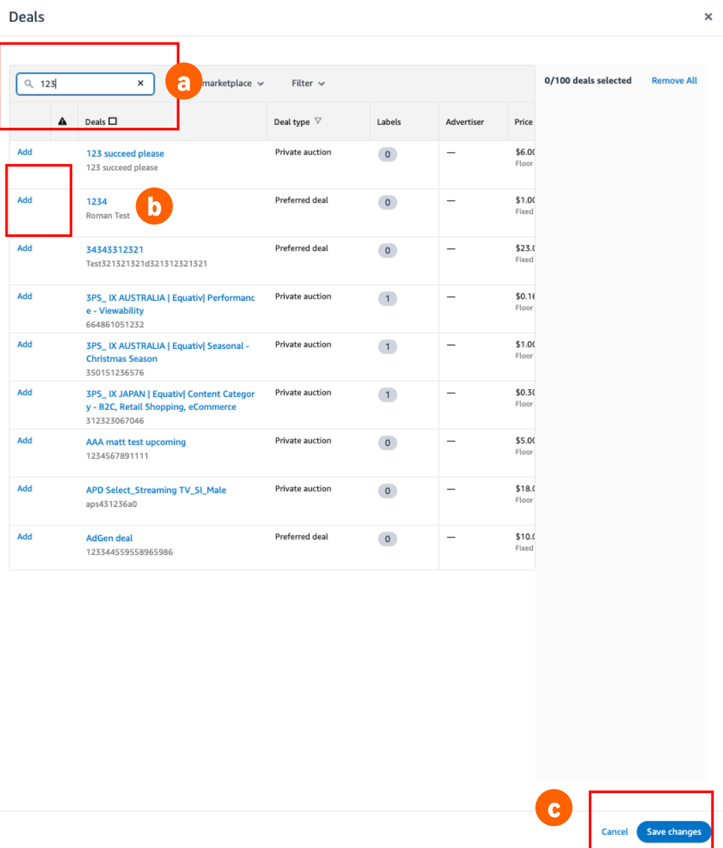 Searching for a Netflix deal by ID in the Amazon DSP deal picker and adding it to the ad group