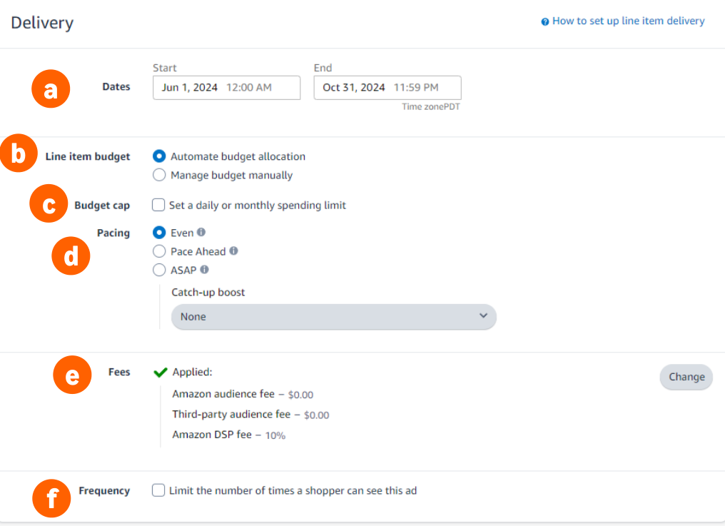 Dates, ad group budget, budget cap, pacing, fees and frequency settings on an Amazon DSP ad group