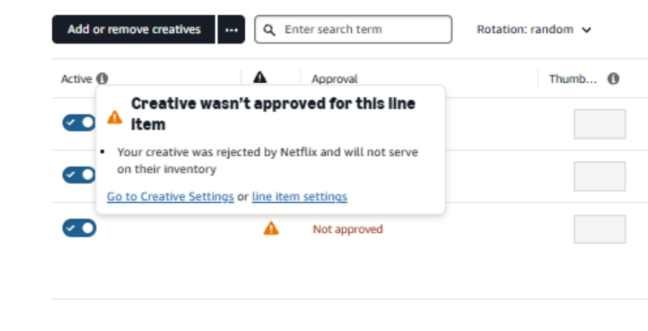 An Amazon DSP creative list showing a rejected creative, with a tooltip reading that the creative was rejected by Netflix and will not serve on their inventory